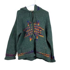 VTG 80s Inti Raymi Artisans Andean Wool Star Jacket Green L boho rustic handmade